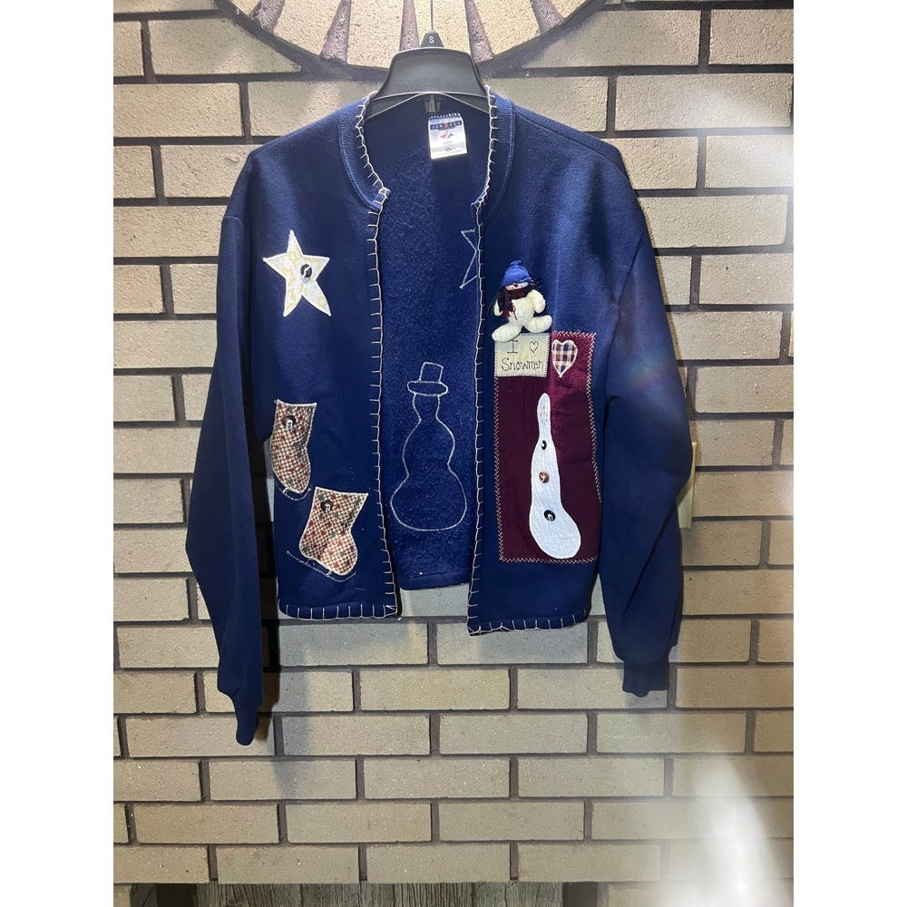 VTG Jerzees Womens Navy Snowman Christmas Applique Sweatshirt Cardigan Medium